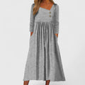 Striped Button Detail Long Sleeve Pocket Gathered Midi Dress