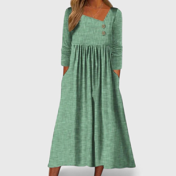 Striped Button Detail Long Sleeve Pocket Gathered Midi Dress
