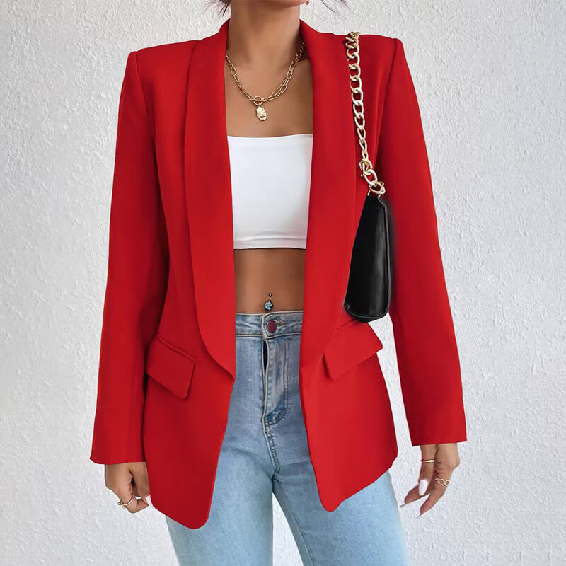 Open Front Shawl Collar Welt Pocket Longline Blazer
