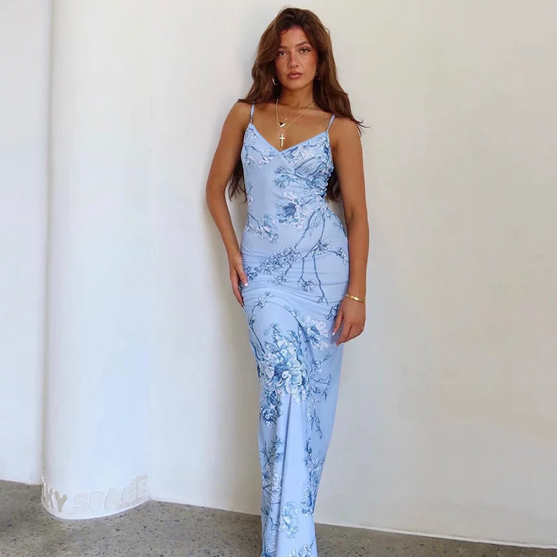 Flower V-neck Trim Long Floral Dress