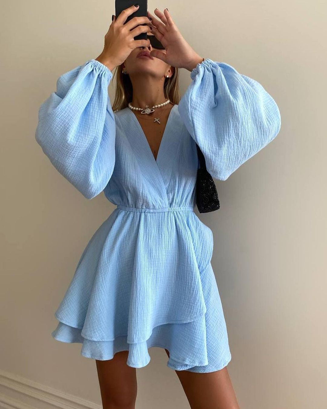 Fashion Solid Color Waist Cinching Mini Dress