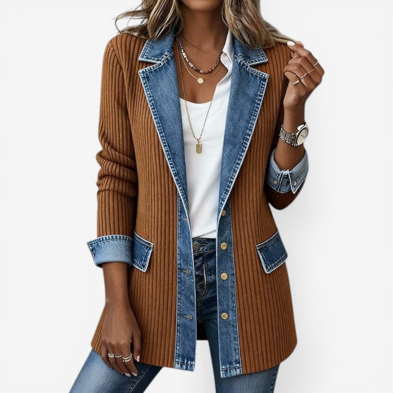Colorblock Ribbed Denim Trim Jacket