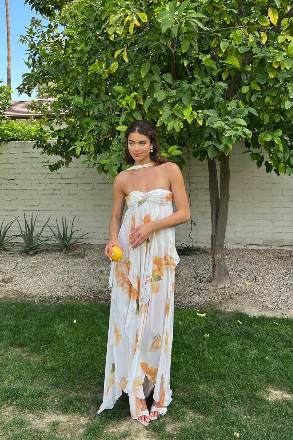 Floral Chiffon Halter Neck Ruched Bust Tiered Maxi Dress - Wedding Guest