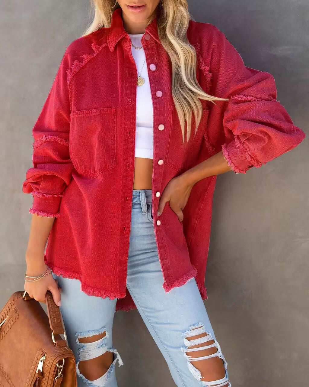 Oversized Frayed Denim Shirt Jacket for Casual Style