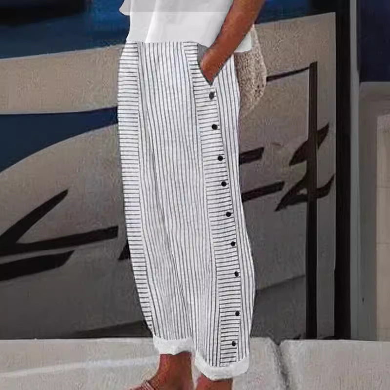Sera - Striped Button-Accent Pants