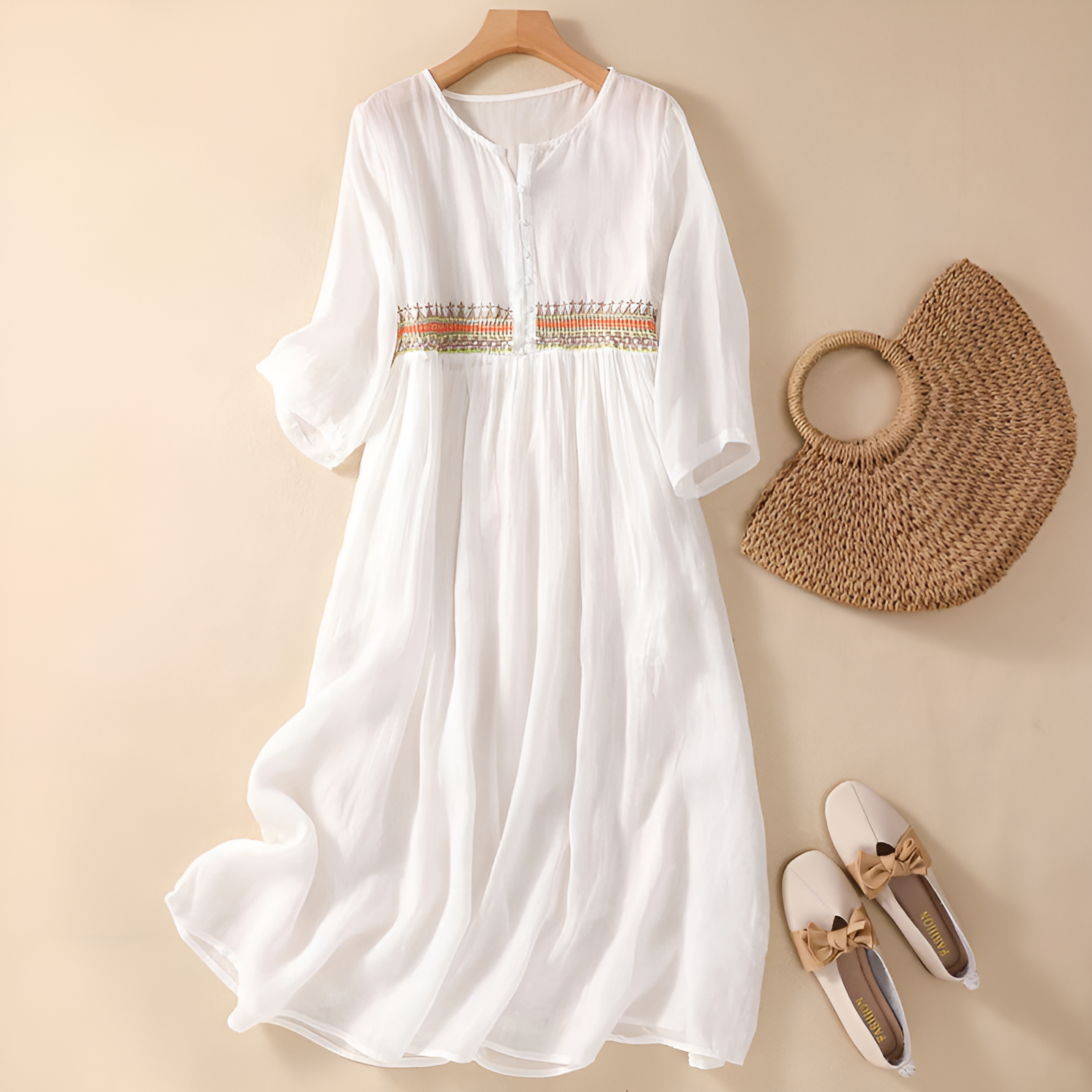 Embroidered Waistband Button Neck Flared Sleeve Casual Maxi Dress