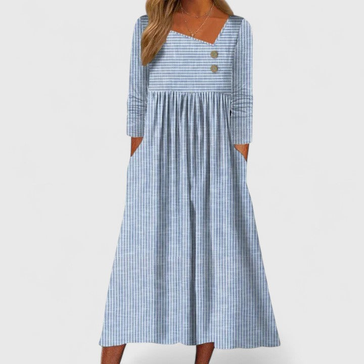 Striped Button Detail Long Sleeve Pocket Gathered Midi Dress