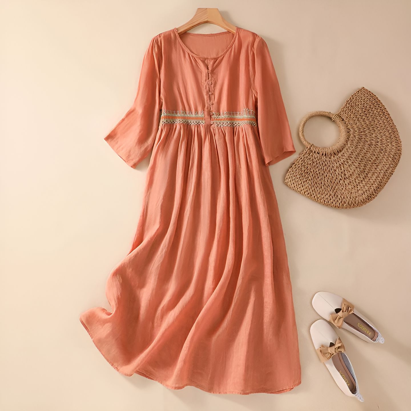 Embroidered Waistband Button Neck Flared Sleeve Casual Maxi Dress