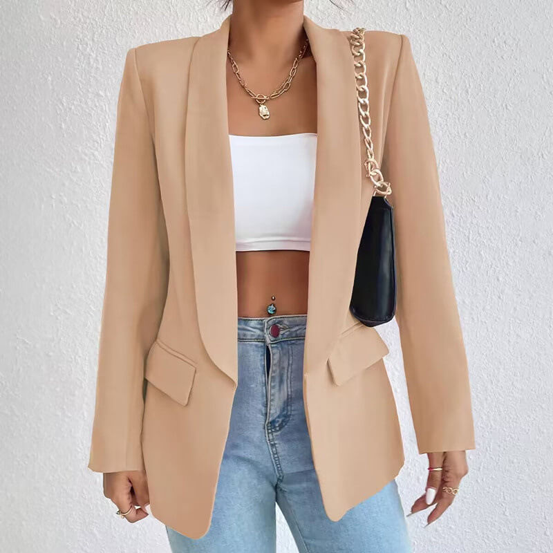 Open Front Shawl Collar Welt Pocket Longline Blazer