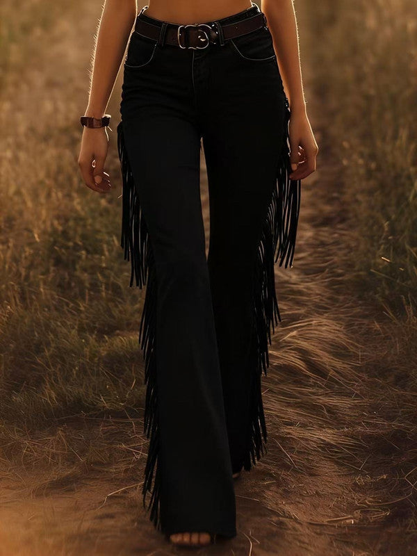 High Waist Side Fringe Western Flare Jeans
