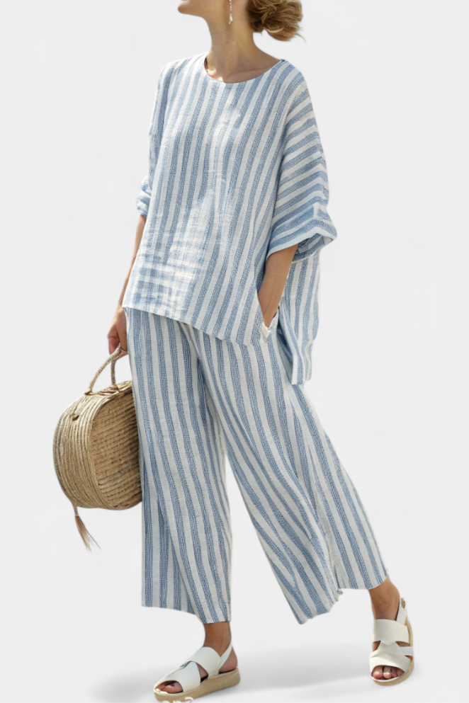 Striped Oversized Batwing Top Wide Leg Linen Pant Set