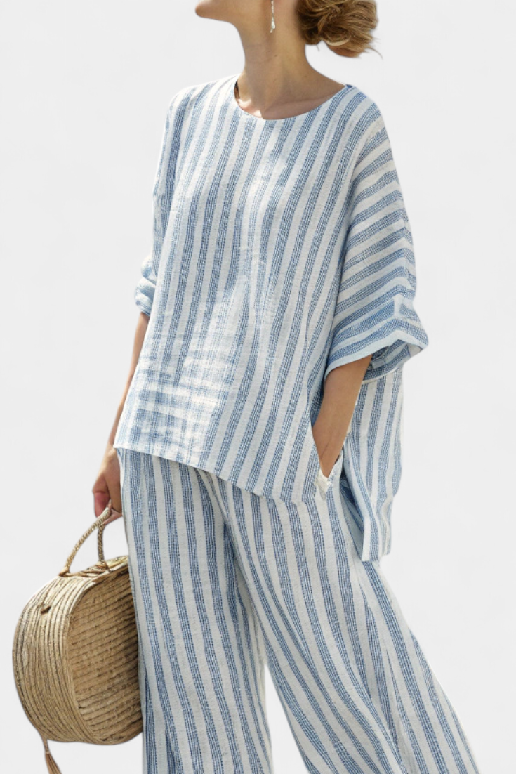 Striped Oversized Batwing Top Wide Leg Linen Pant Set