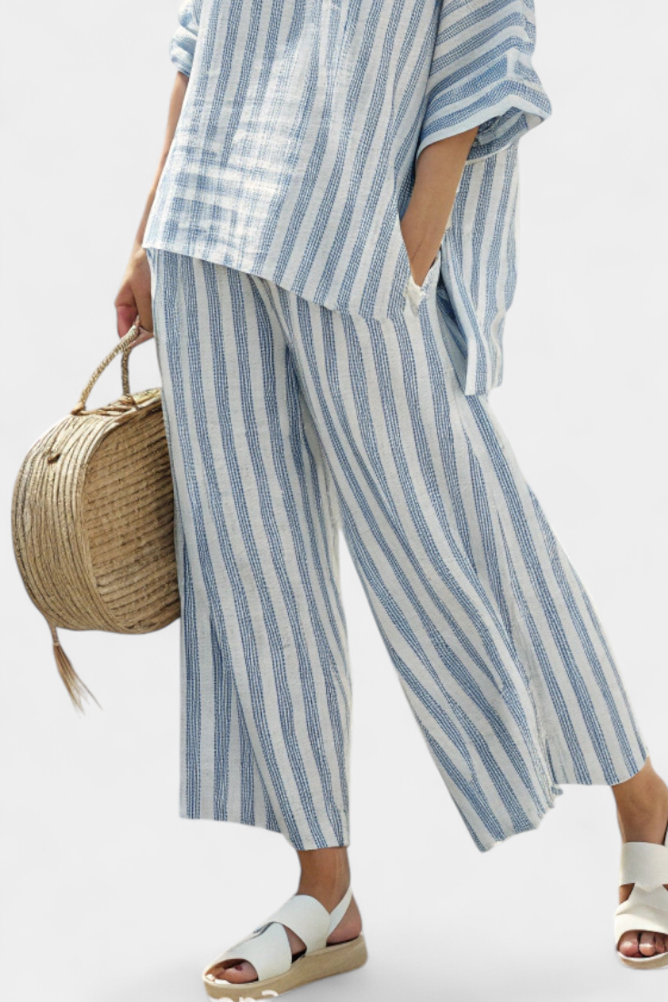 Striped Oversized Batwing Top Wide Leg Linen Pant Set