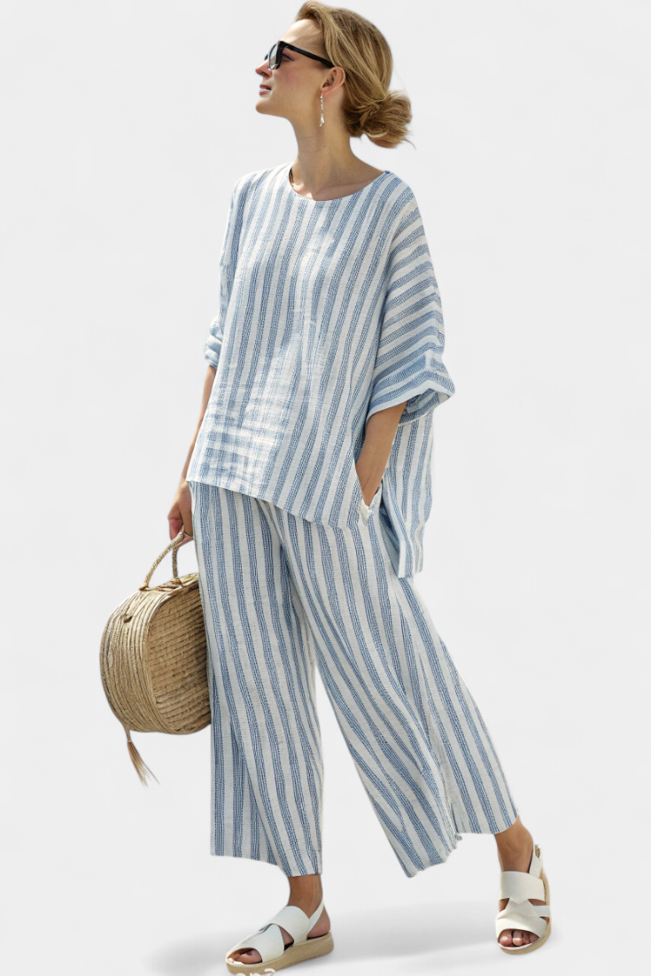 Striped Oversized Batwing Top Wide Leg Linen Pant Set