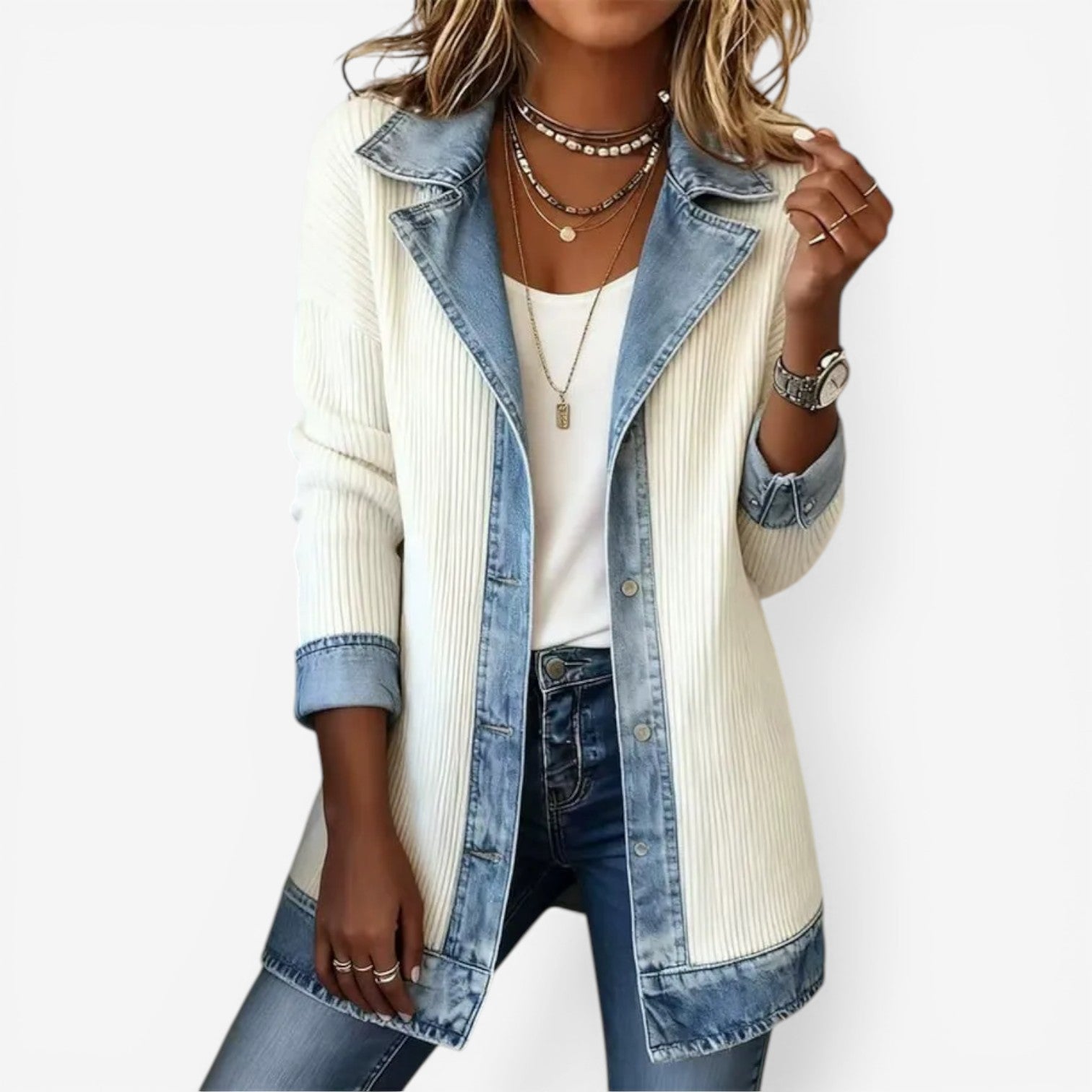 Colorblock Ribbed Denim Trim Jacket