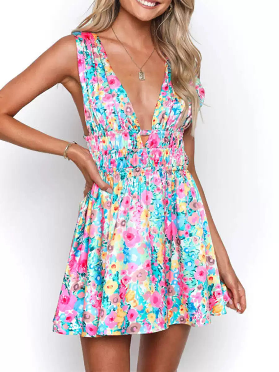 Sleeveless Floral Print Deep V Mini A-Line Flower Dress
