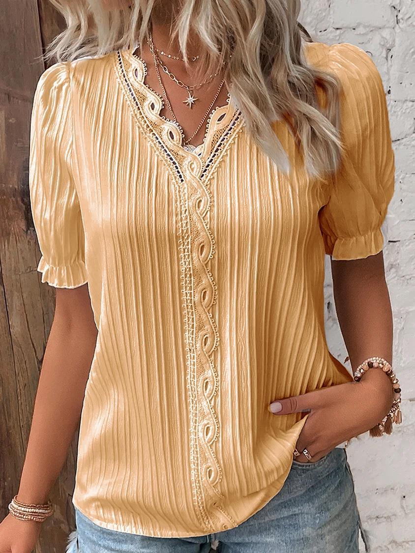 Strong Attractive Plunge Neck Join Short Sleeve Blouse