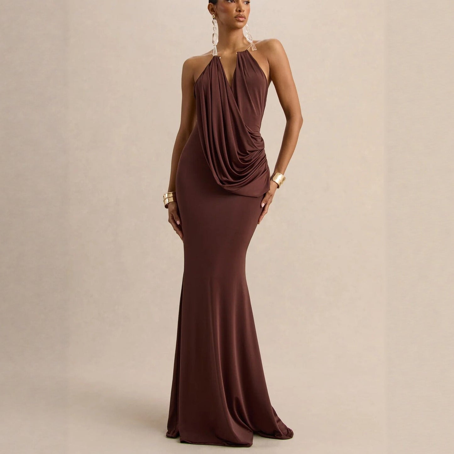 Ruffle Cowl Neck Bodycon Maxi Dress