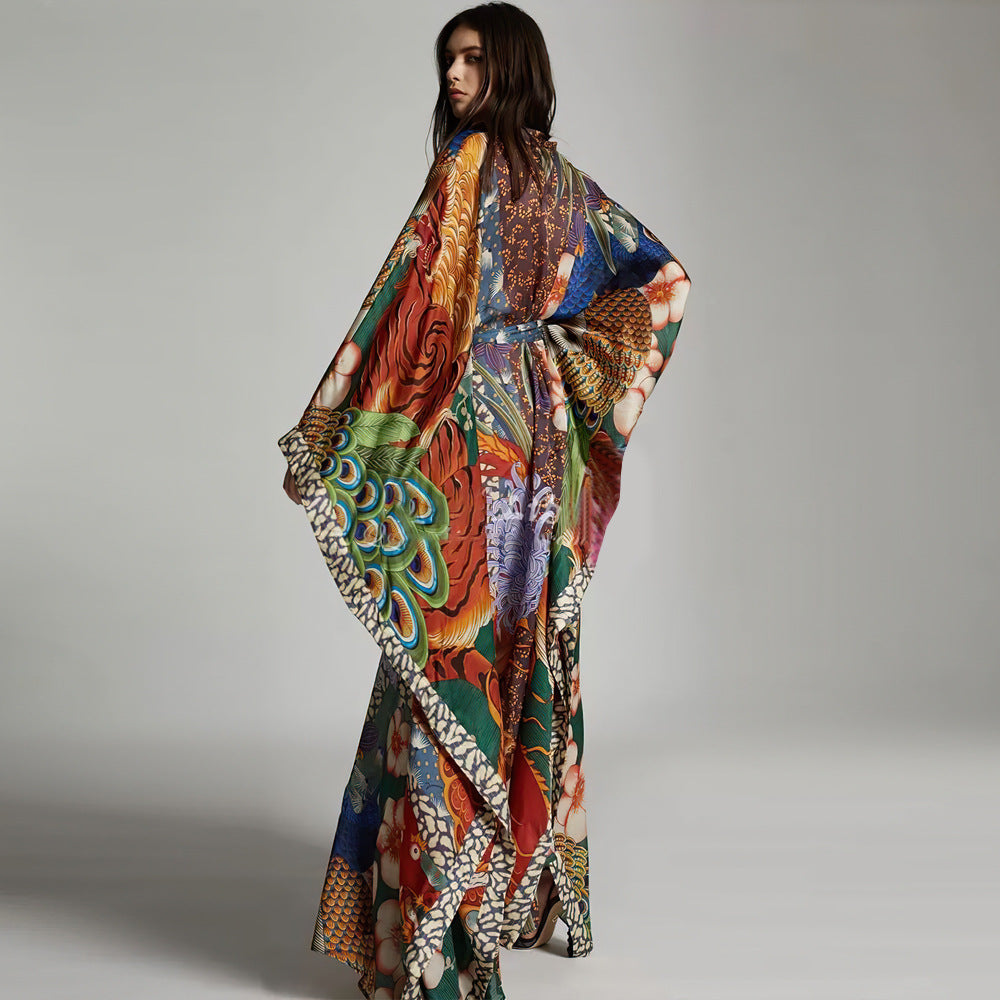 Sheer Cultural Peacock Design Long Cardigan Bohemian Cover up