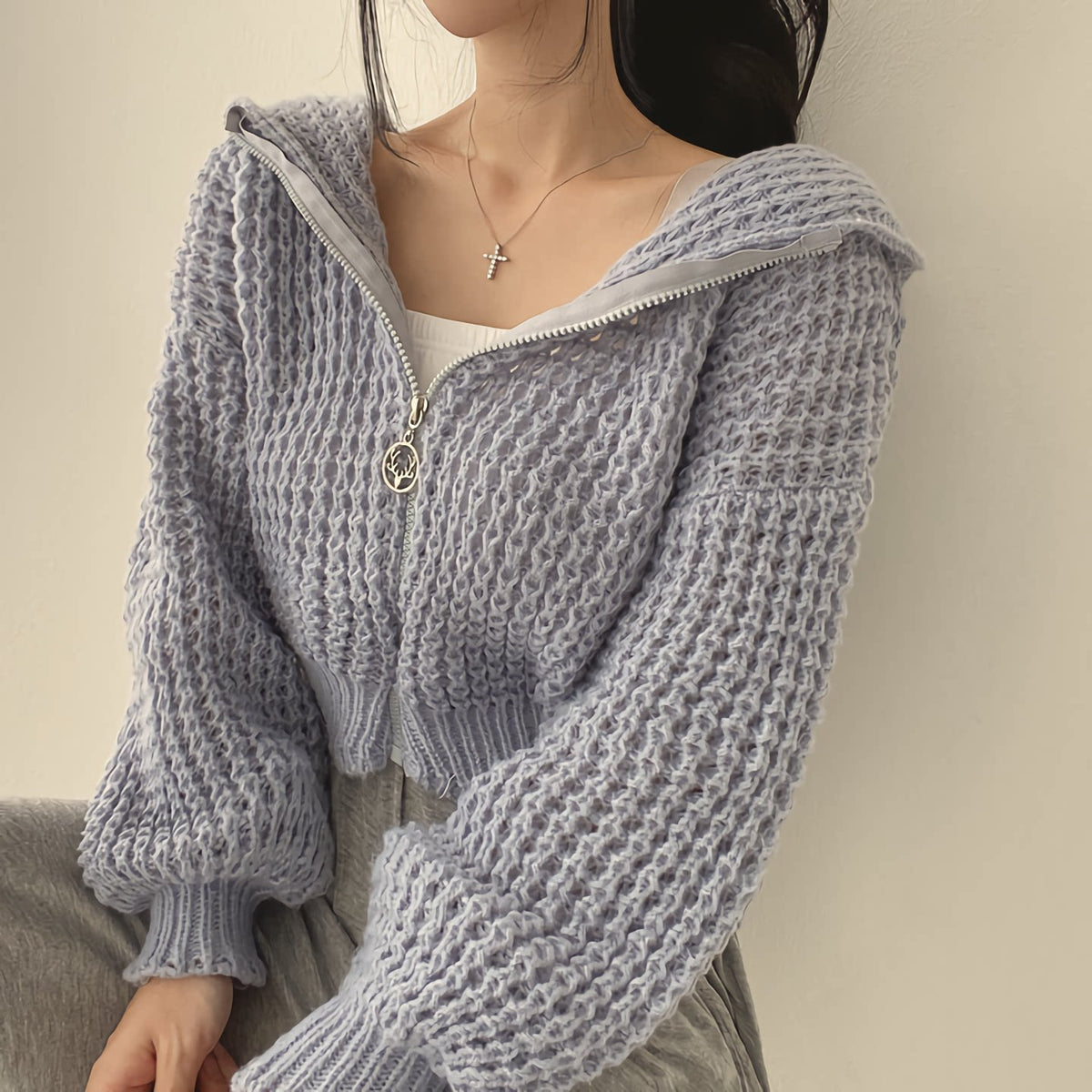 Short Hooded Perforated Knit Cardigan – view 6