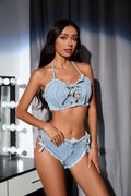 Denim Crop Top Bikini Set With Shorts Bikini Sets