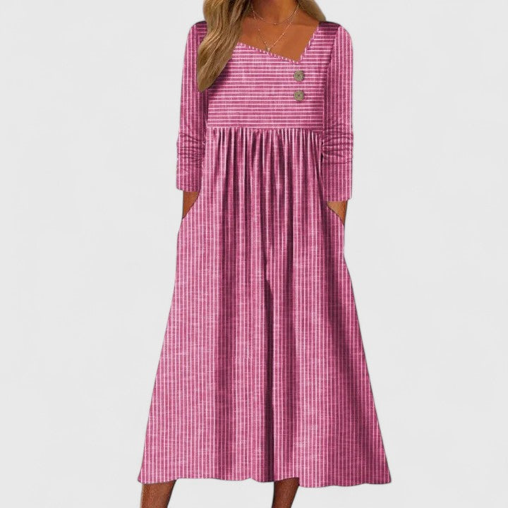 Striped Button Detail Long Sleeve Pocket Gathered Midi Dress