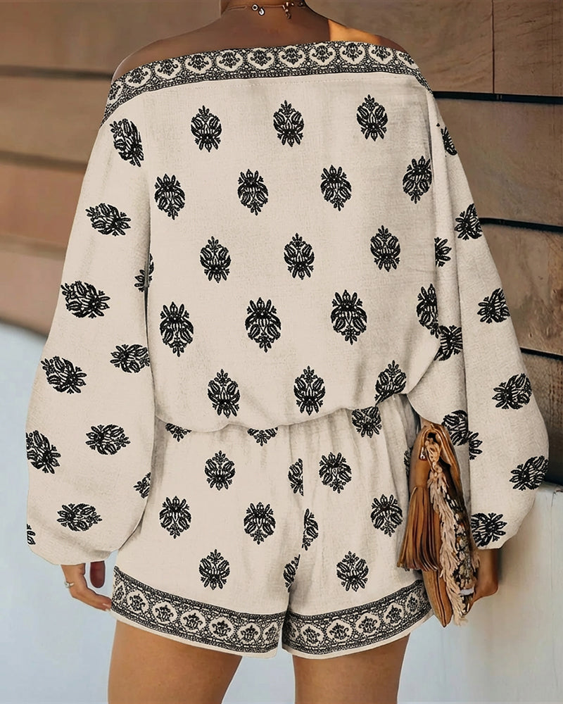 Paisley Print Off Shoulder Flare Sleeve Boho Two Piece Set