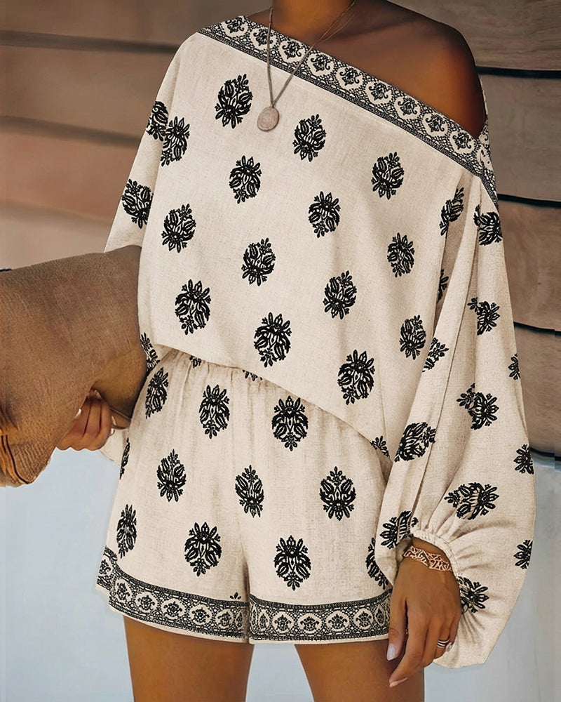 Paisley Print Off Shoulder Flare Sleeve Boho Two Piece Set