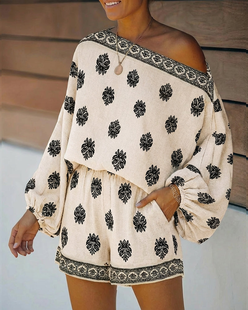 Paisley Print Off Shoulder Flare Sleeve Boho Two Piece Set