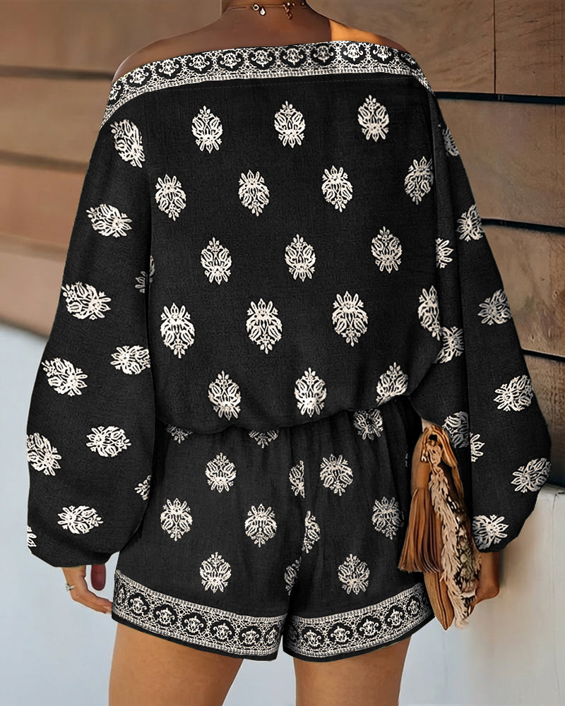 Paisley Print Off Shoulder Flare Sleeve Boho Two Piece Set