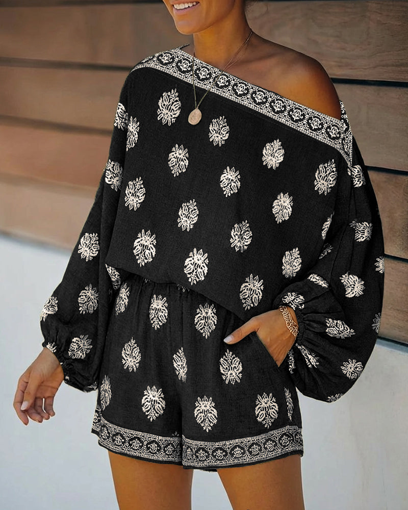 Paisley Print Off Shoulder Flare Sleeve Boho Two Piece Set