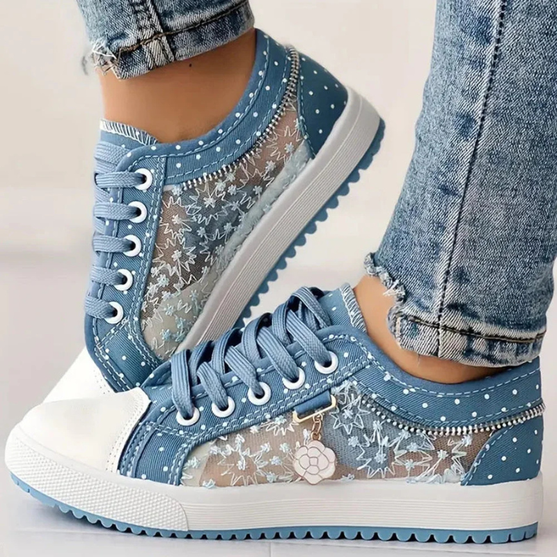 Floral Embroidered Mesh Zip Detail Lace Up Platform Sneakers
