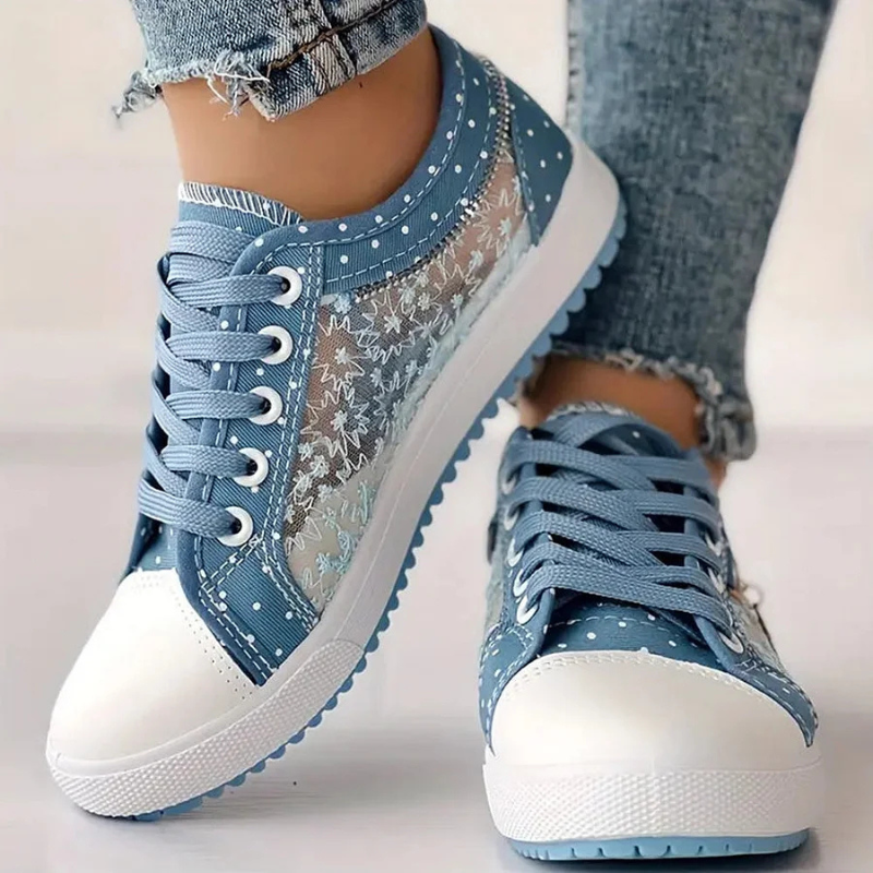 Floral Embroidered Mesh Zip Detail Lace Up Platform Sneakers