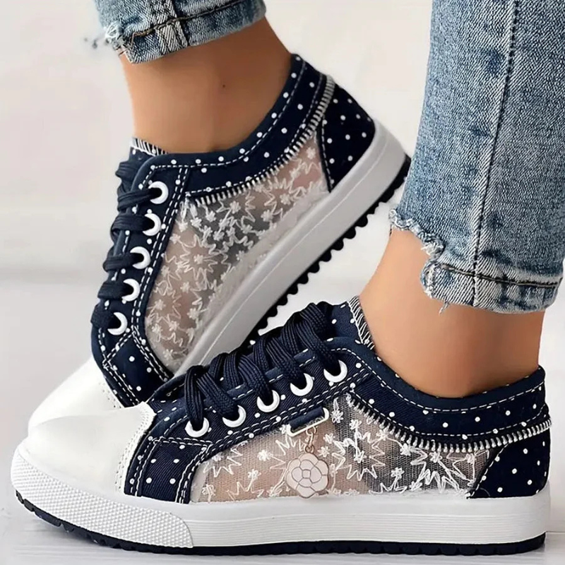 Floral Embroidered Mesh Zip Detail Lace Up Platform Sneakers