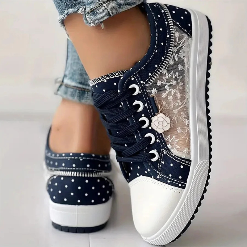 Floral Embroidered Mesh Zip Detail Lace Up Platform Sneakers