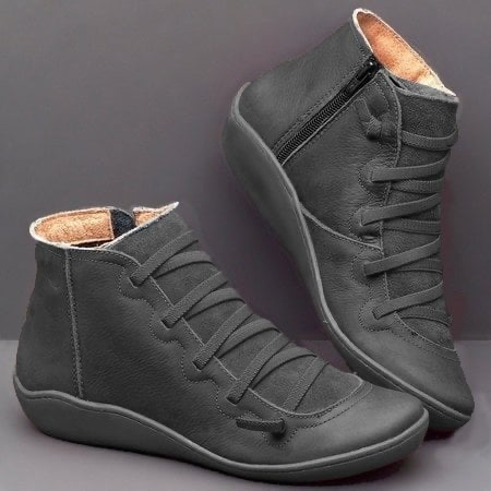 Lace Up Leather Zip Flat Casual Ankle Boot