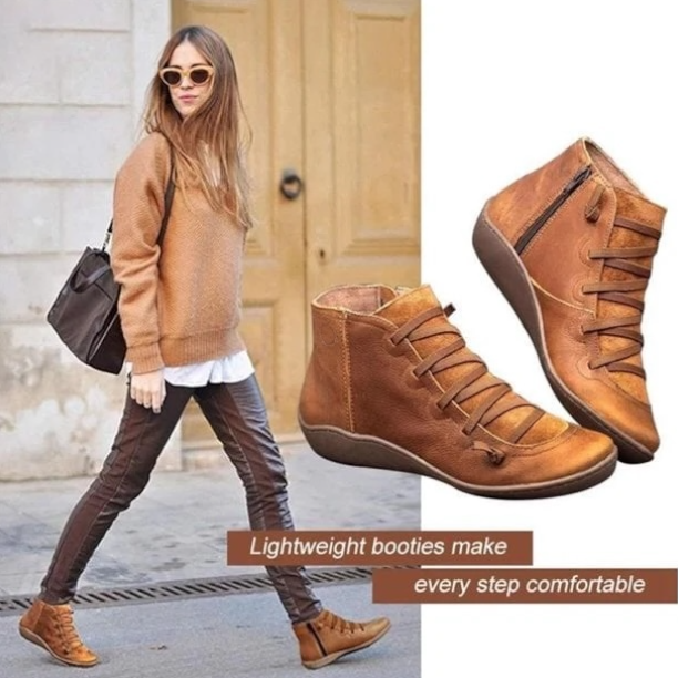 Lace Up Leather Zip Flat Casual Ankle Boot