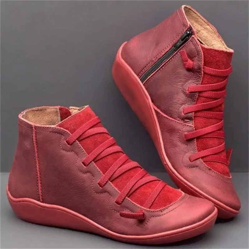 Lace Up Leather Zip Flat Casual Ankle Boot