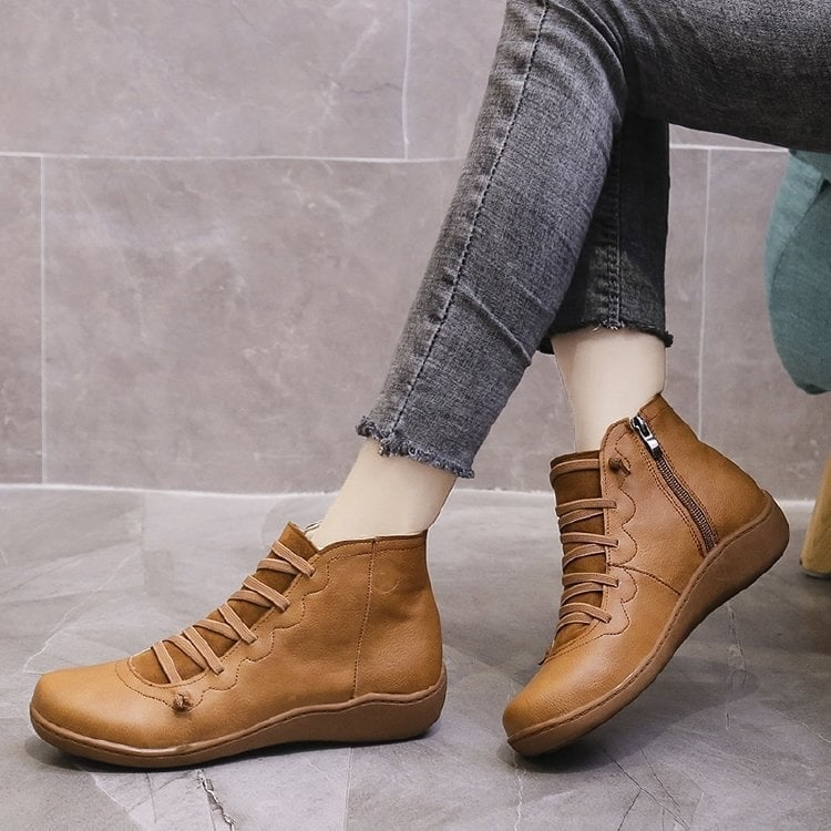Lace Up Leather Zip Flat Casual Ankle Boot