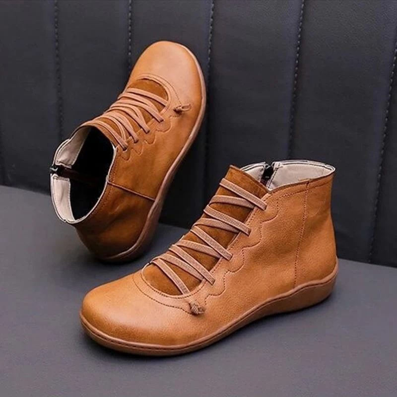 Lace Up Leather Zip Flat Casual Ankle Boot