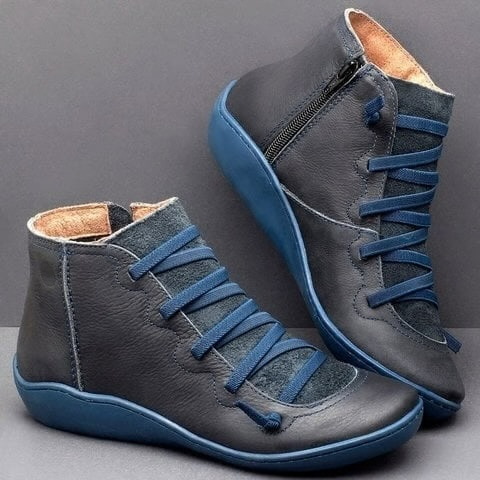 Lace Up Leather Zip Flat Casual Ankle Boot