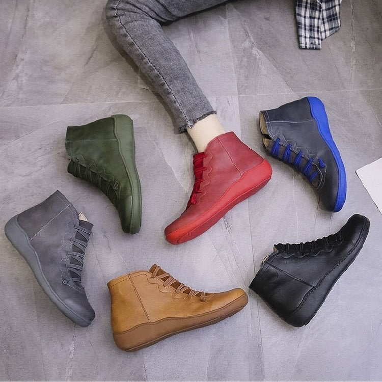 Lace Up Leather Zip Flat Casual Ankle Boot