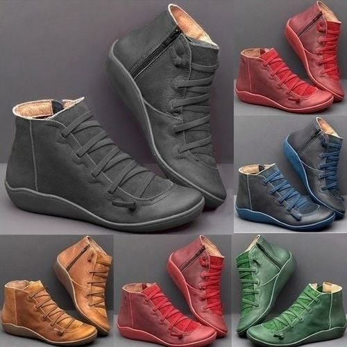 Lace Up Leather Zip Flat Casual Ankle Boot