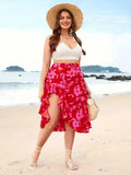 Plshop Size Floral Slit High Waist Vacation Skirt
