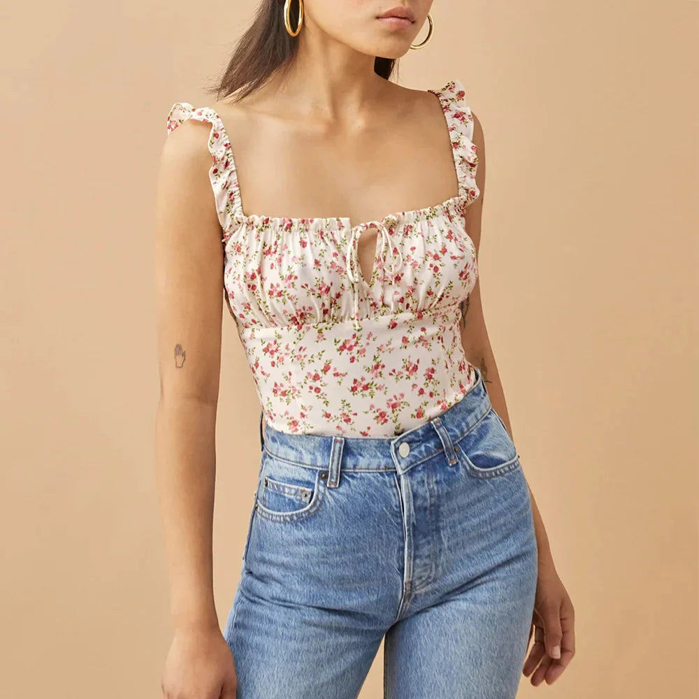 Polka Dot Square Neck Tie Sleeveless Frill Strap Smocked Fitted Sexy Crop Top