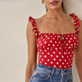 Polka Dot Square Neck Tie Sleeveless Frill Strap Smocked Fitted Sexy Crop Top
