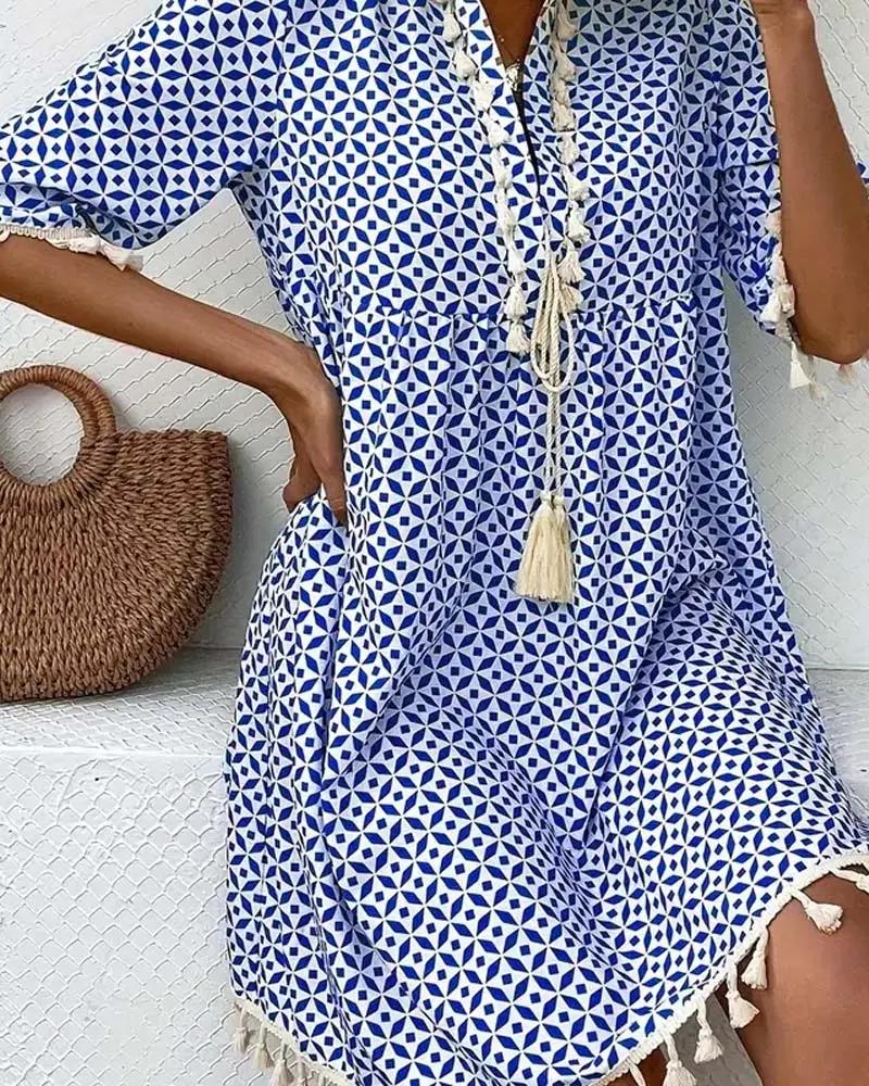 Geometric Print Tassel Tie Neck Half Sleeve Casual Mini Dress
