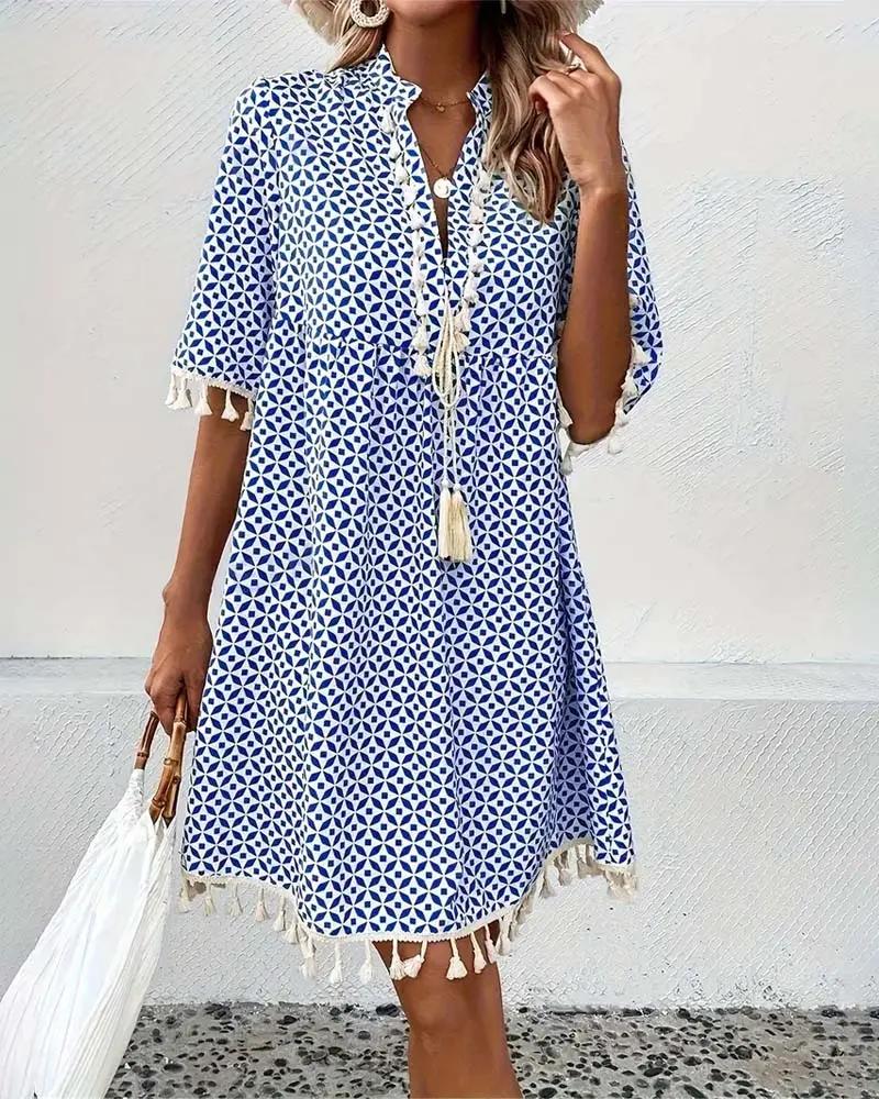 Geometric Print Tassel Tie Neck Half Sleeve Casual Mini Dress