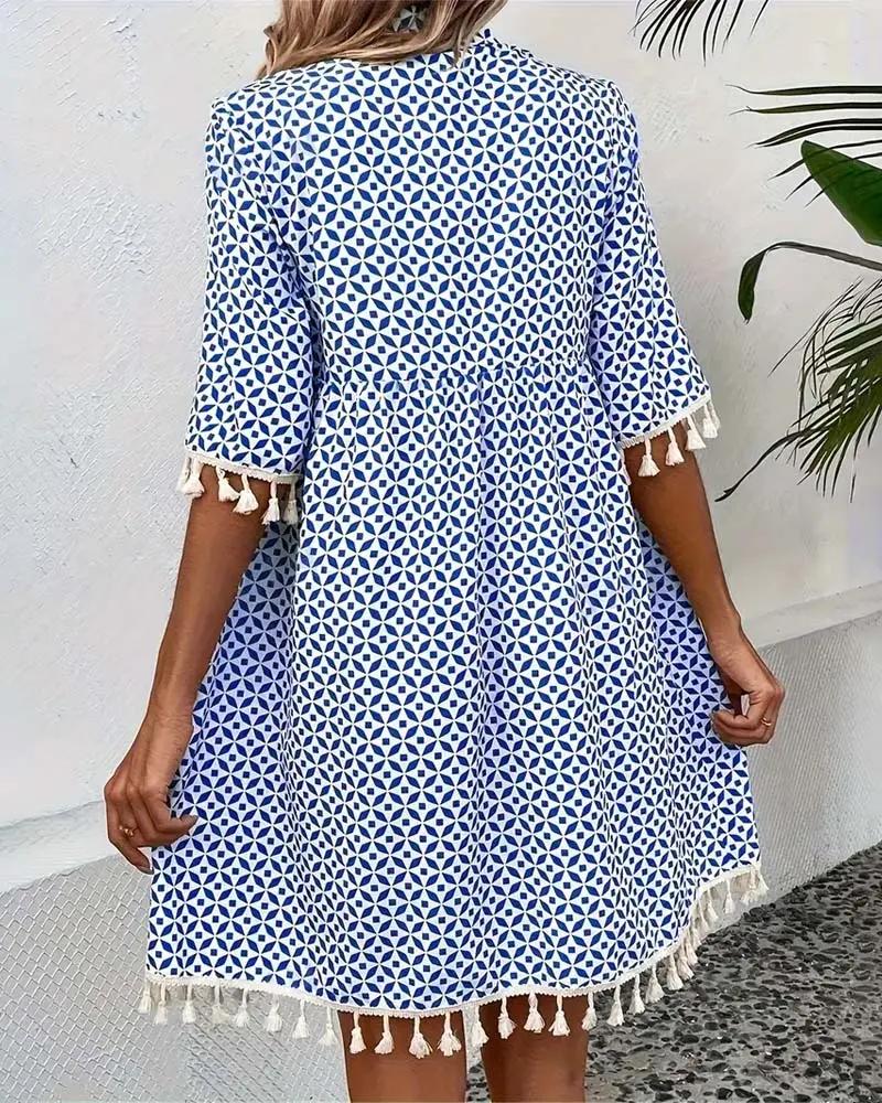 Geometric Print Tassel Tie Neck Half Sleeve Casual Mini Dress