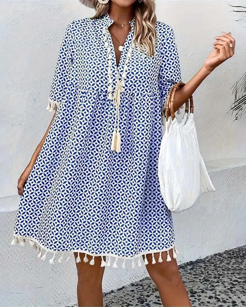Geometric Print Tassel Tie Neck Half Sleeve Casual Mini Dress